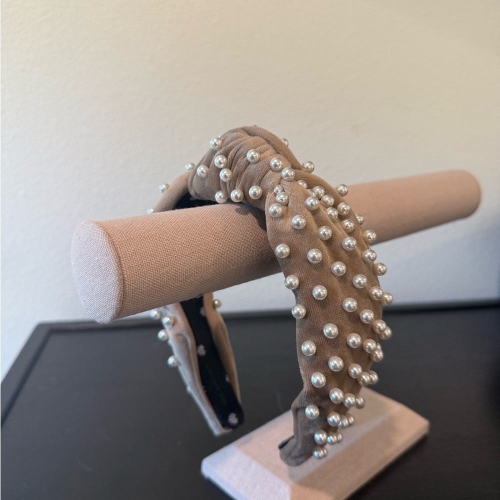 Lele Sadoughi Taupe Velvet Headband with Pearl Accents